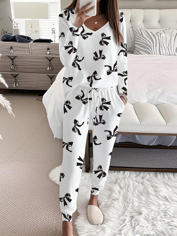 HALLIE™ - Strikprint V-Hals Lange Mouwen Top & Tailleband Broek Set