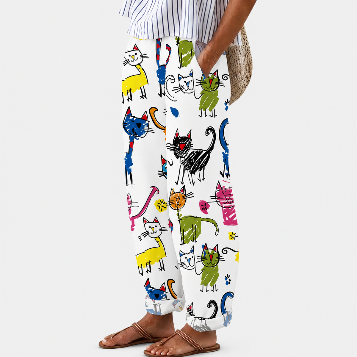 Comfortbroek met vrolijke kattenprint