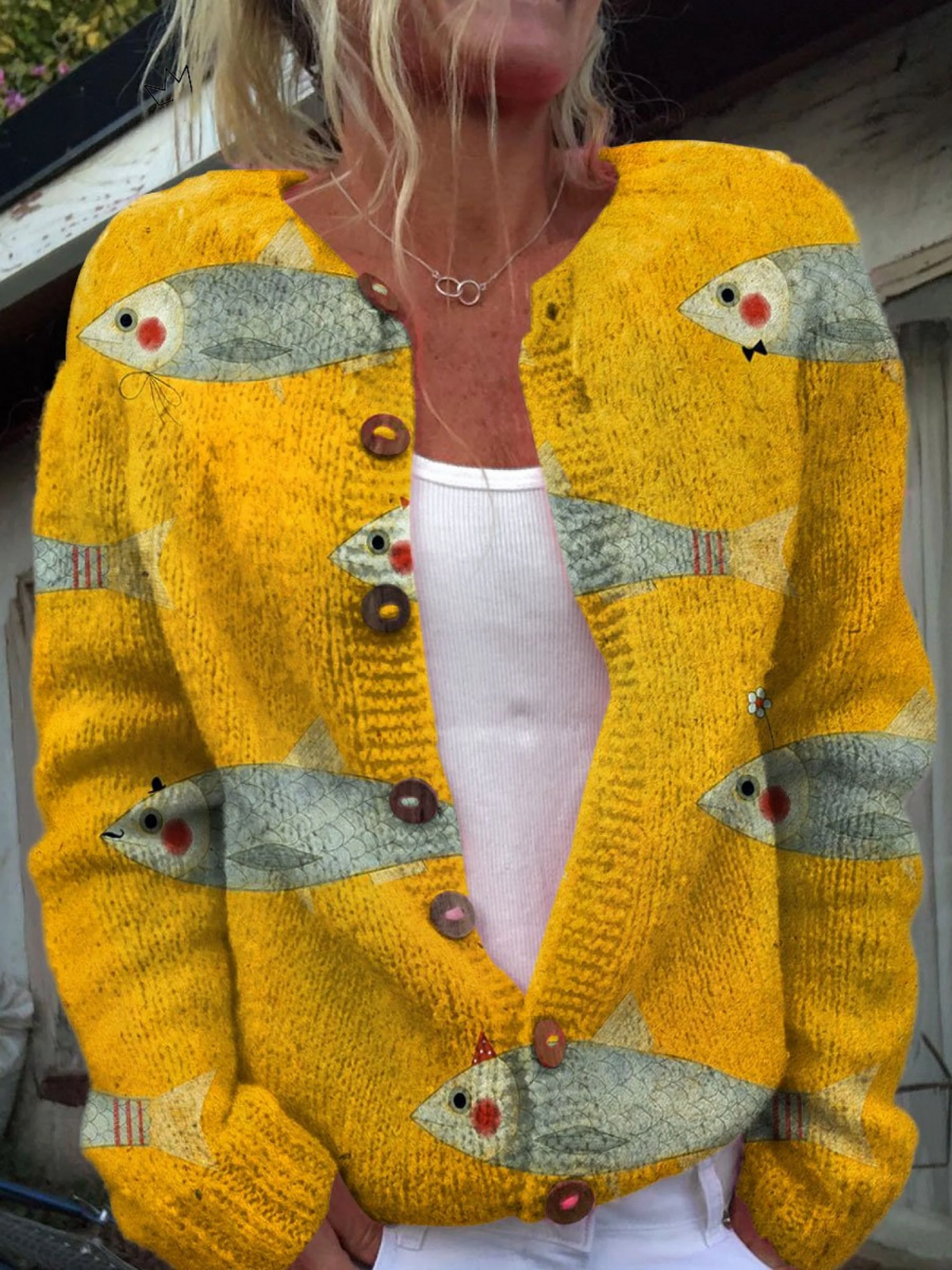 Lisette | Vintage Vis Sardines Kunstprint Knoop Vest