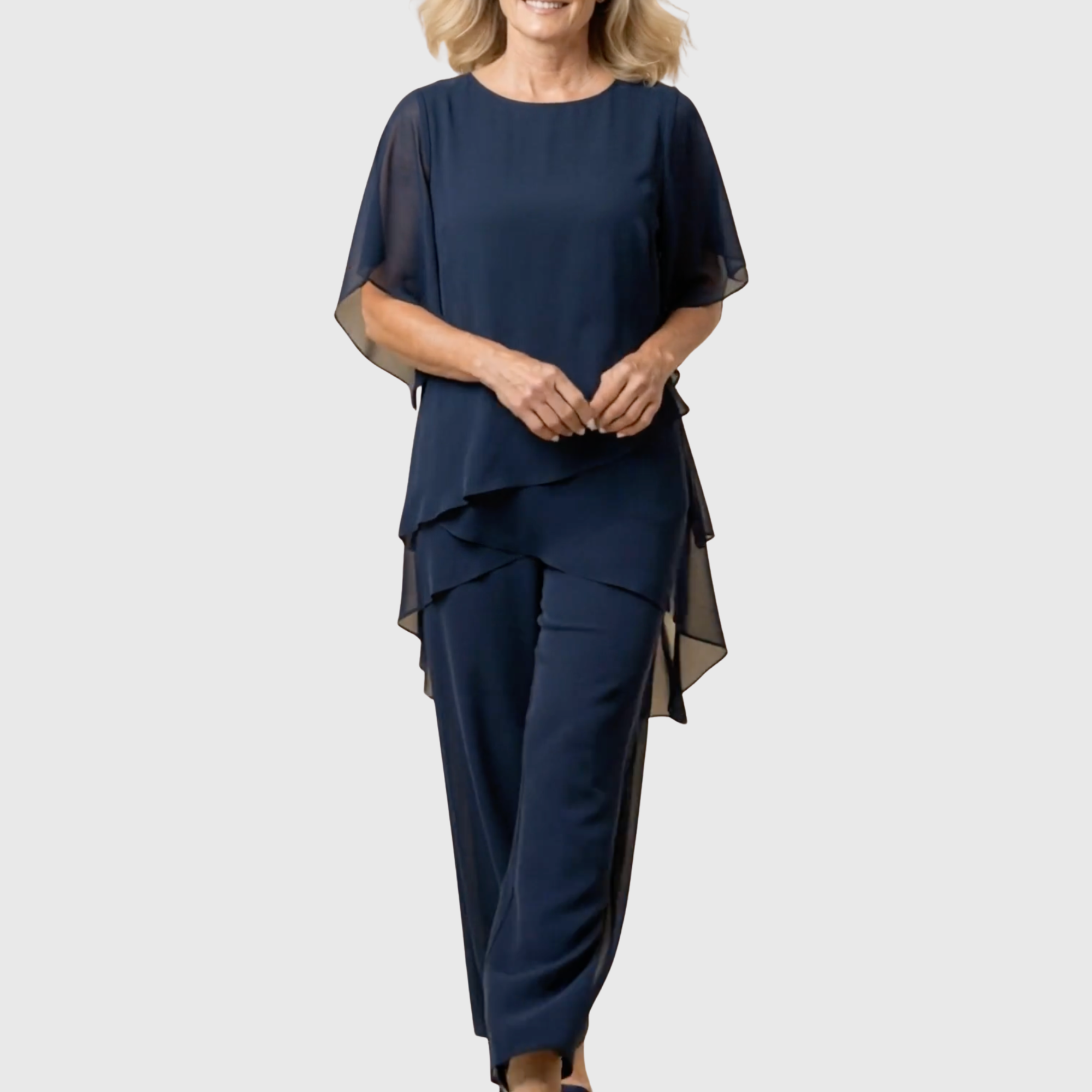 Linda | Kostuum met gedrapeerde palazzo broek