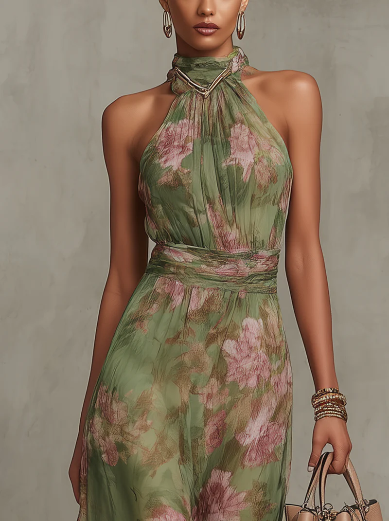Livia - Elegante Bloemen Maxi Halter Jurk