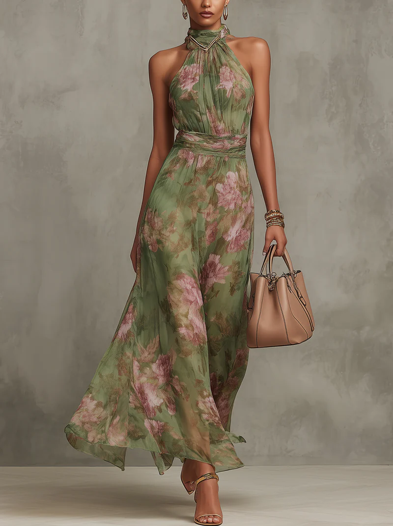 Livia - Elegante Bloemen Maxi Halter Jurk