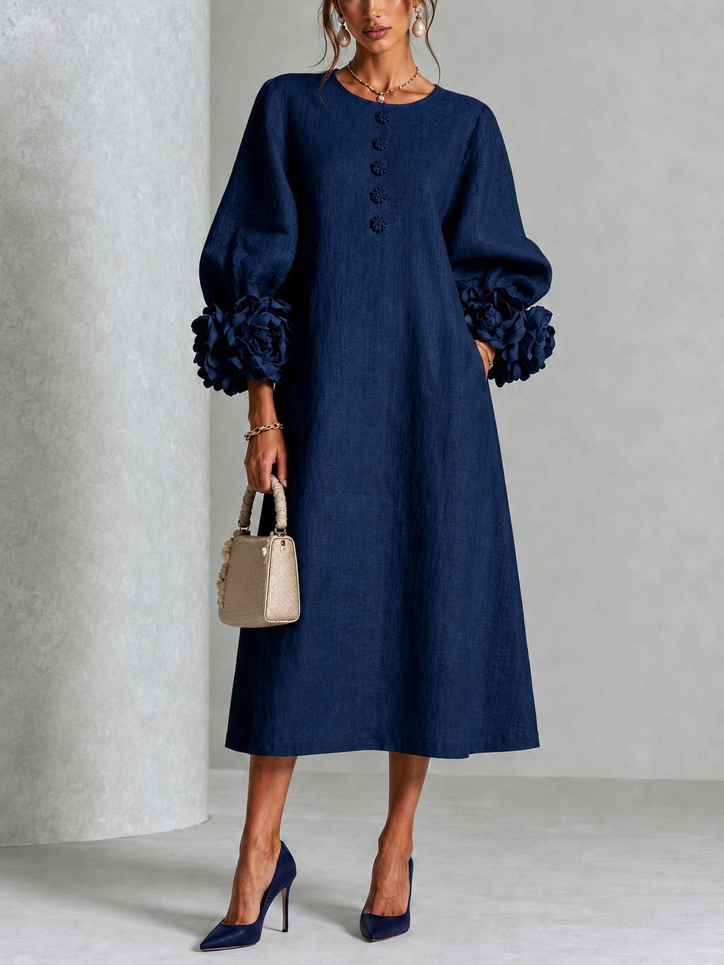 Eveline™ | Elegante Midi Jurk met Bloemdetails