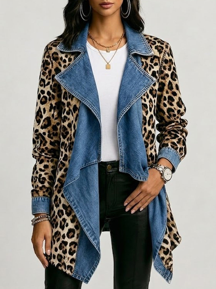 Cécile | Luipaard Print & Gewassen Denim Paneel Jas