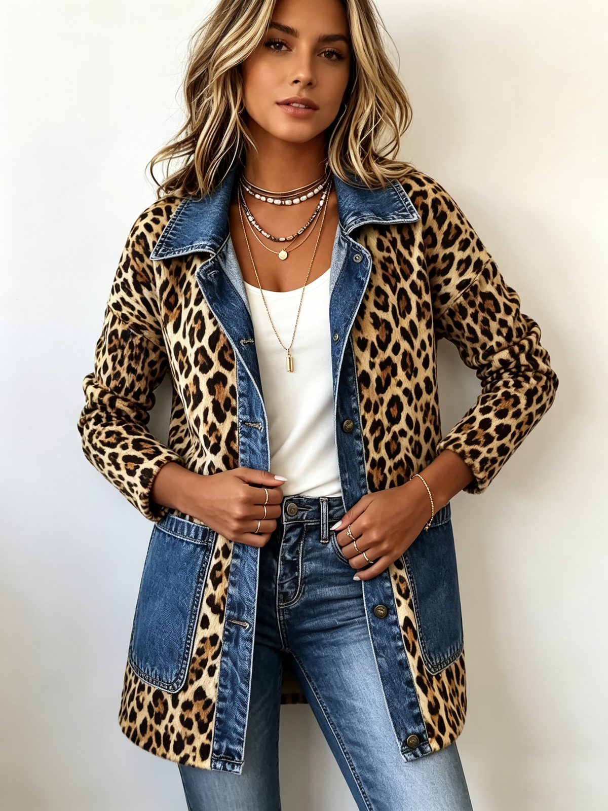 Madeleine | Luipaard Print Denim Paneel Contrast Longline Jas