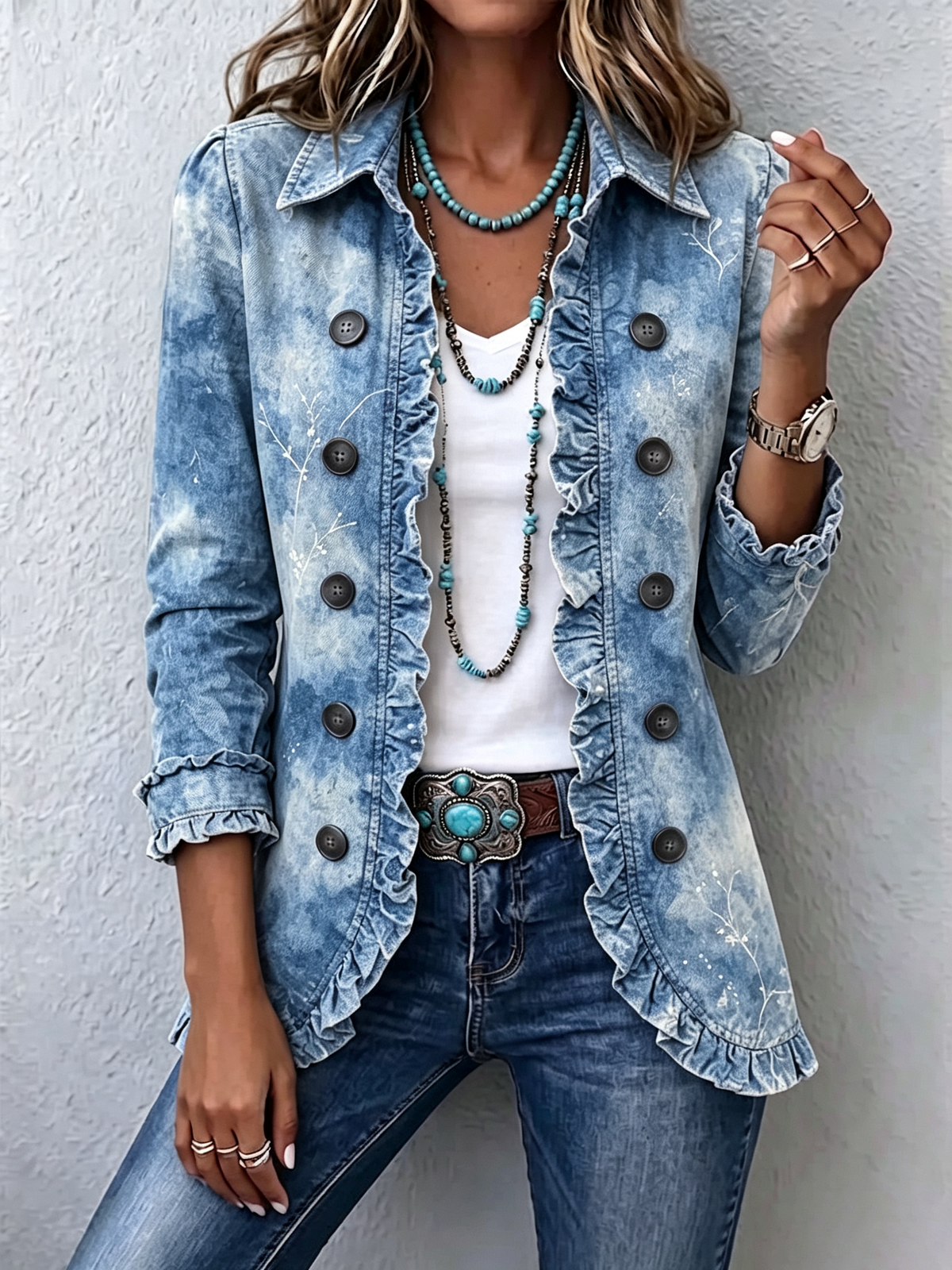 Michèle | Boho Gradiënt Vintage Botanisch Print Ruches Jas