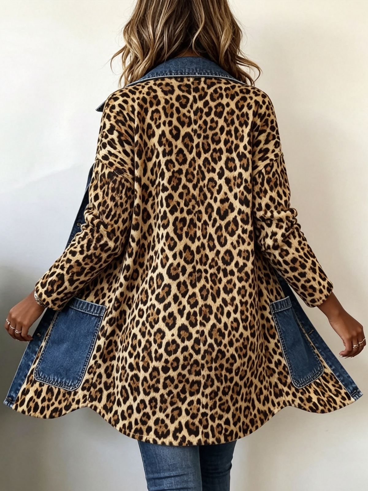 Madeleine | Luipaard Print Denim Paneel Contrast Longline Jas