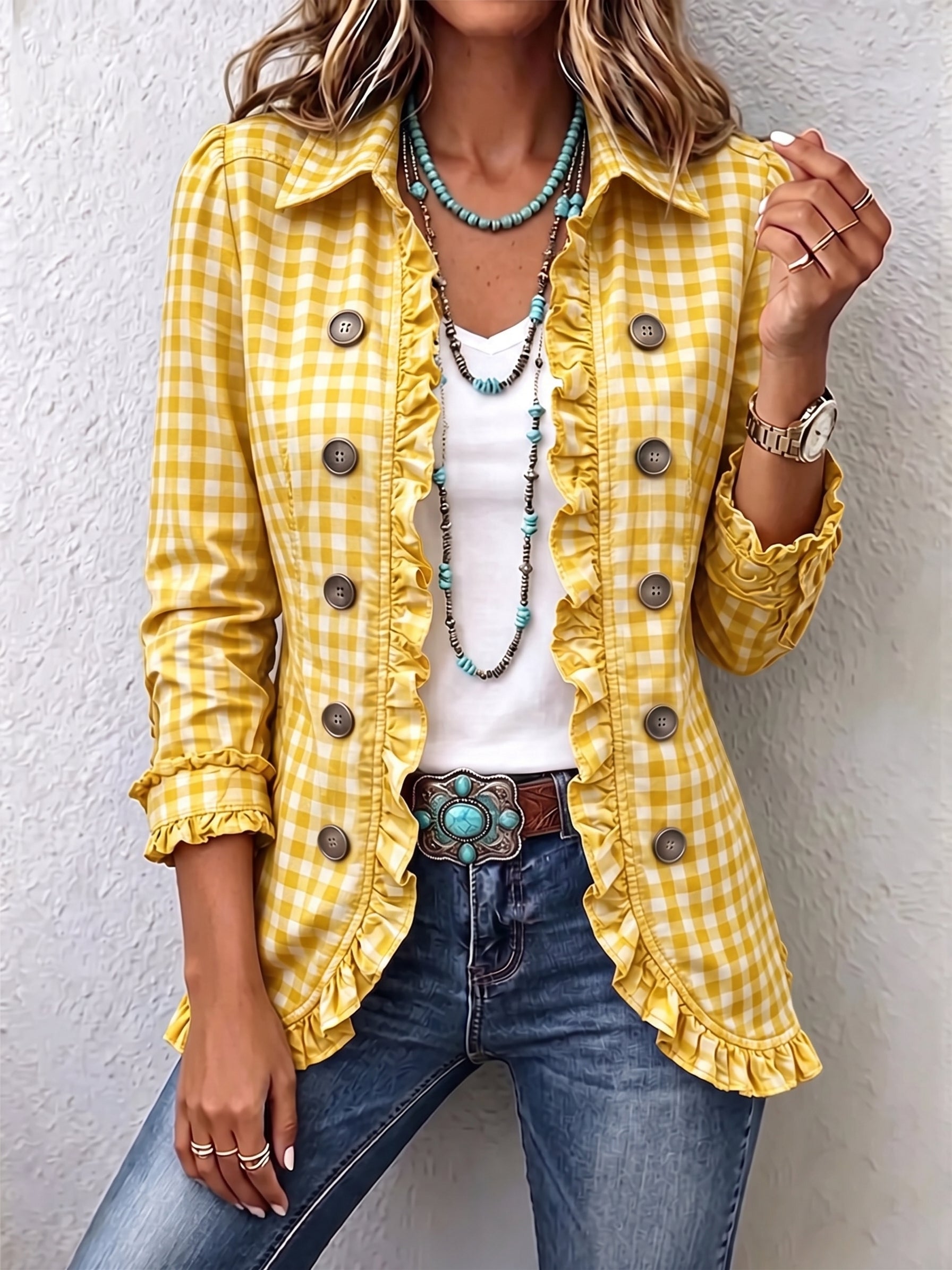 Claudia | Gingham Geplooide Knoop Jas