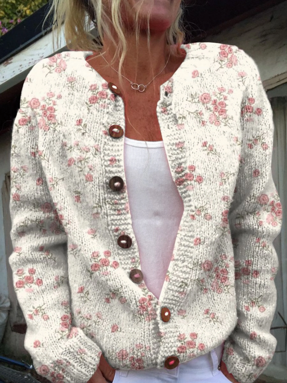 Jacqueline | Roze Roos Bloesem Print Knoop Vest