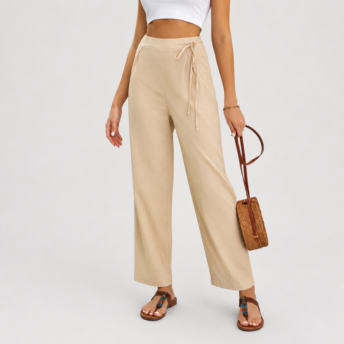 Sabby wijde broek met hoge geknoopte taille