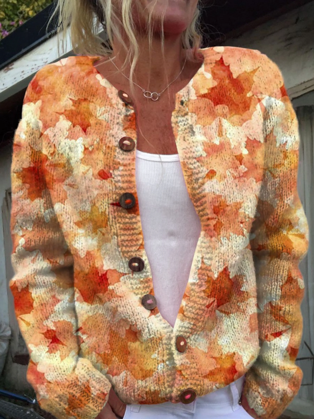 Nicole | Esdoornblad Herfst Kunstprint Knoop Vest