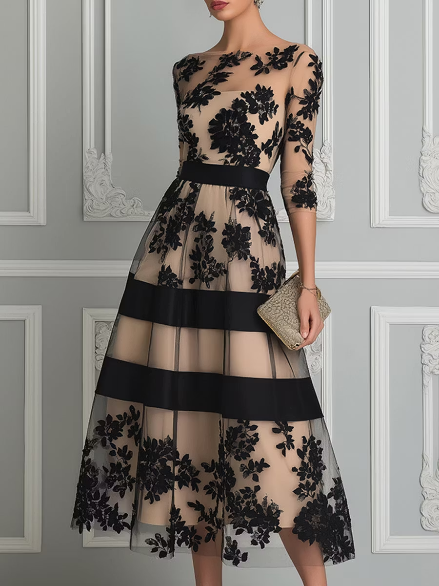Elise™ | Elegante Zwarte Midi Jurk met Kant