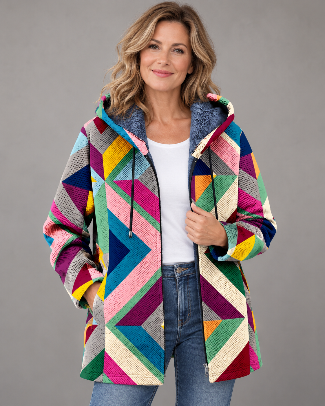 Riva™ | Kleurrijk Vest Met Capuchon En Geometrische Print