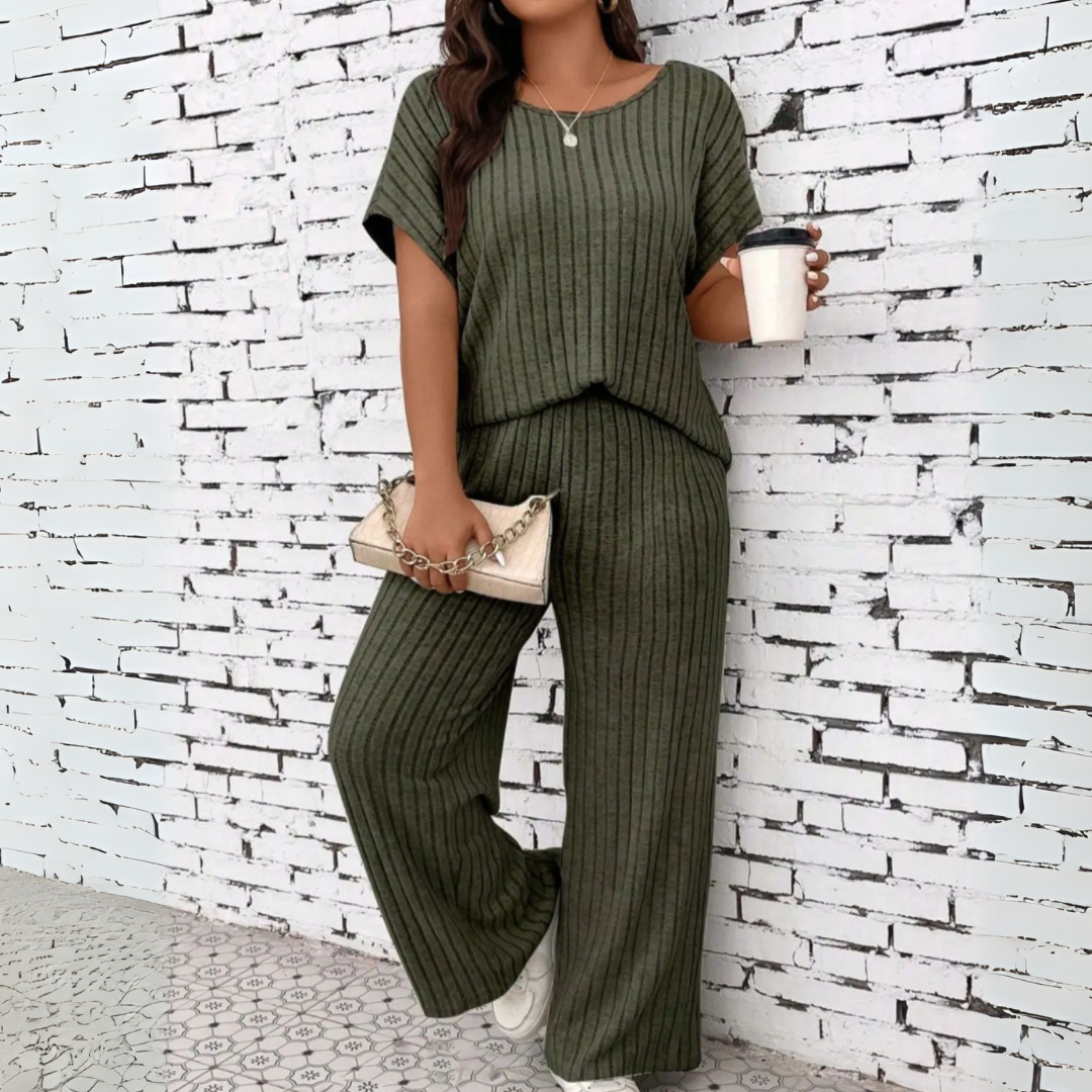 WAUNA™ - Casual Plus Size Korte Mouwen Top en Broek Set