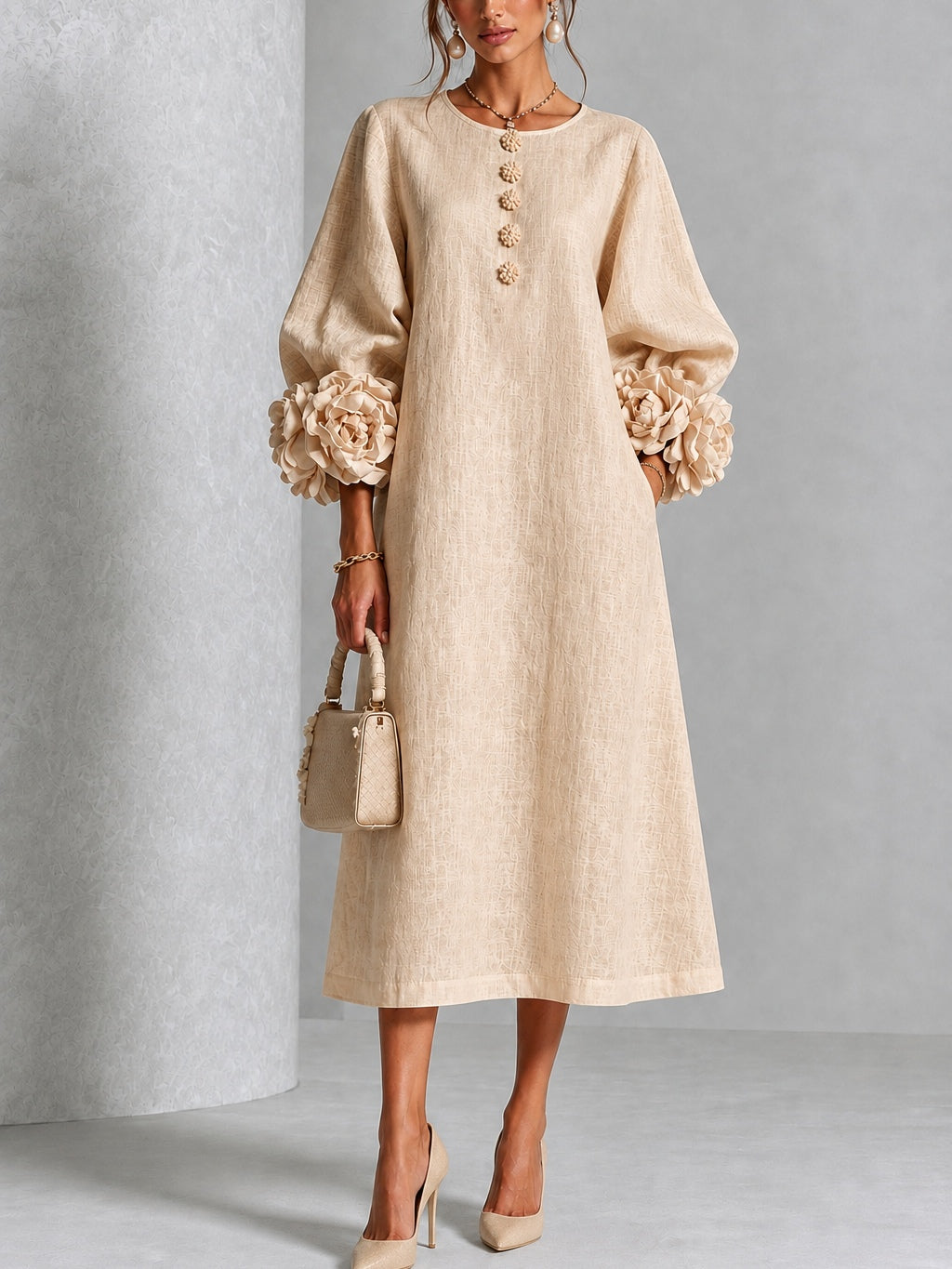 Eveline™ | Elegante Midi Jurk met Bloemdetails