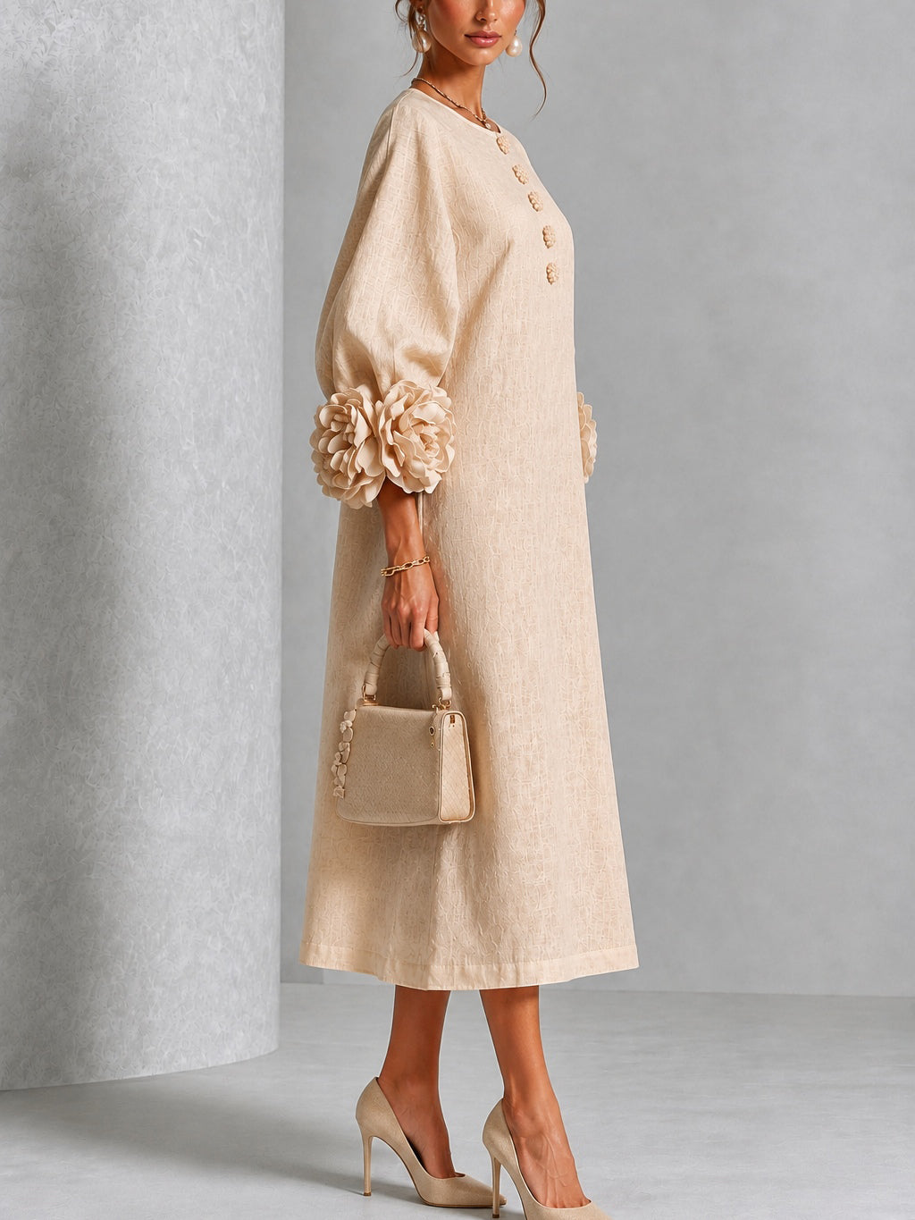 Eveline™ | Elegante Midi Jurk met Bloemdetails