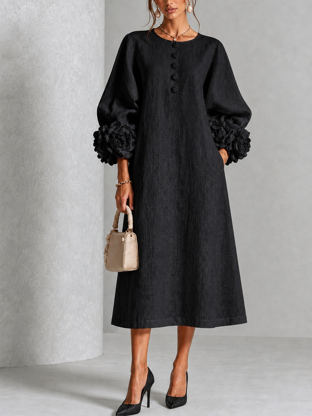Eveline™ | Elegante Midi Jurk met Bloemdetails