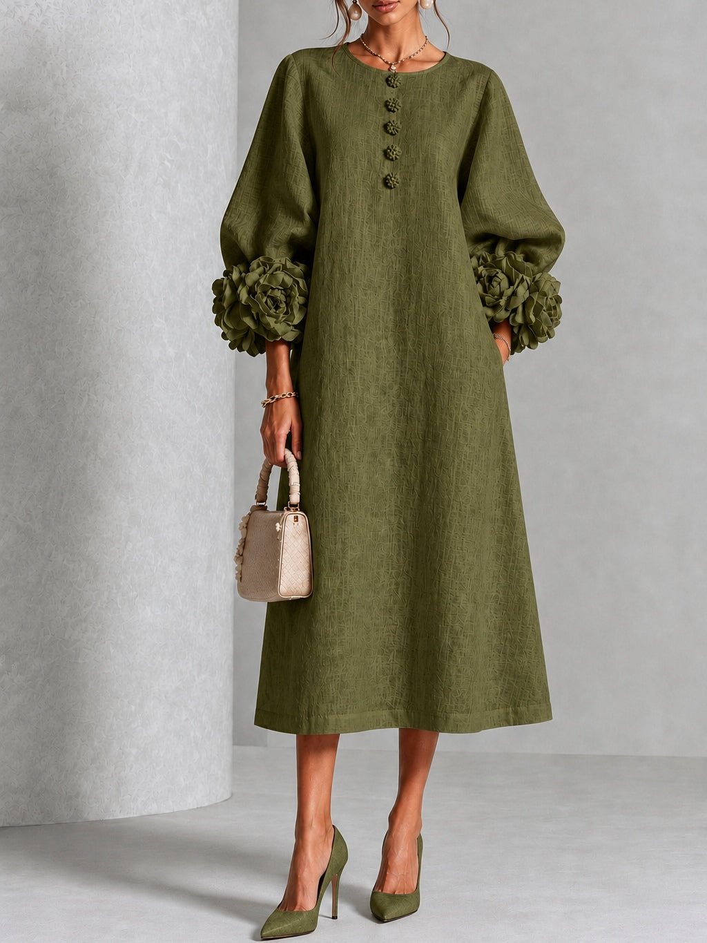Eveline™ | Elegante Midi Jurk met Bloemdetails