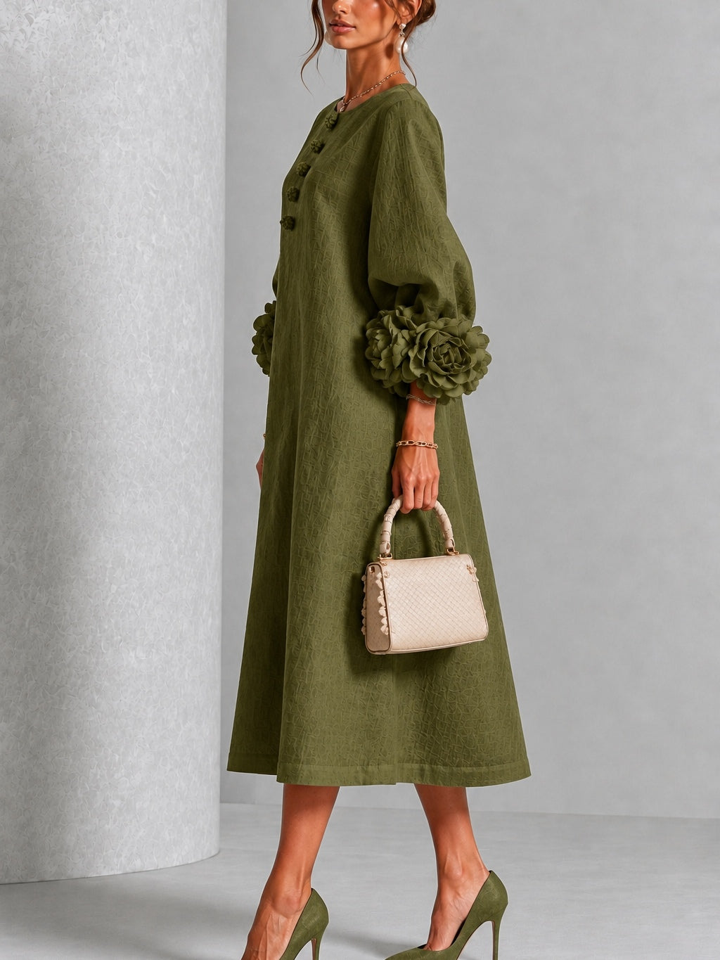 Eveline™ | Elegante Midi Jurk met Bloemdetails