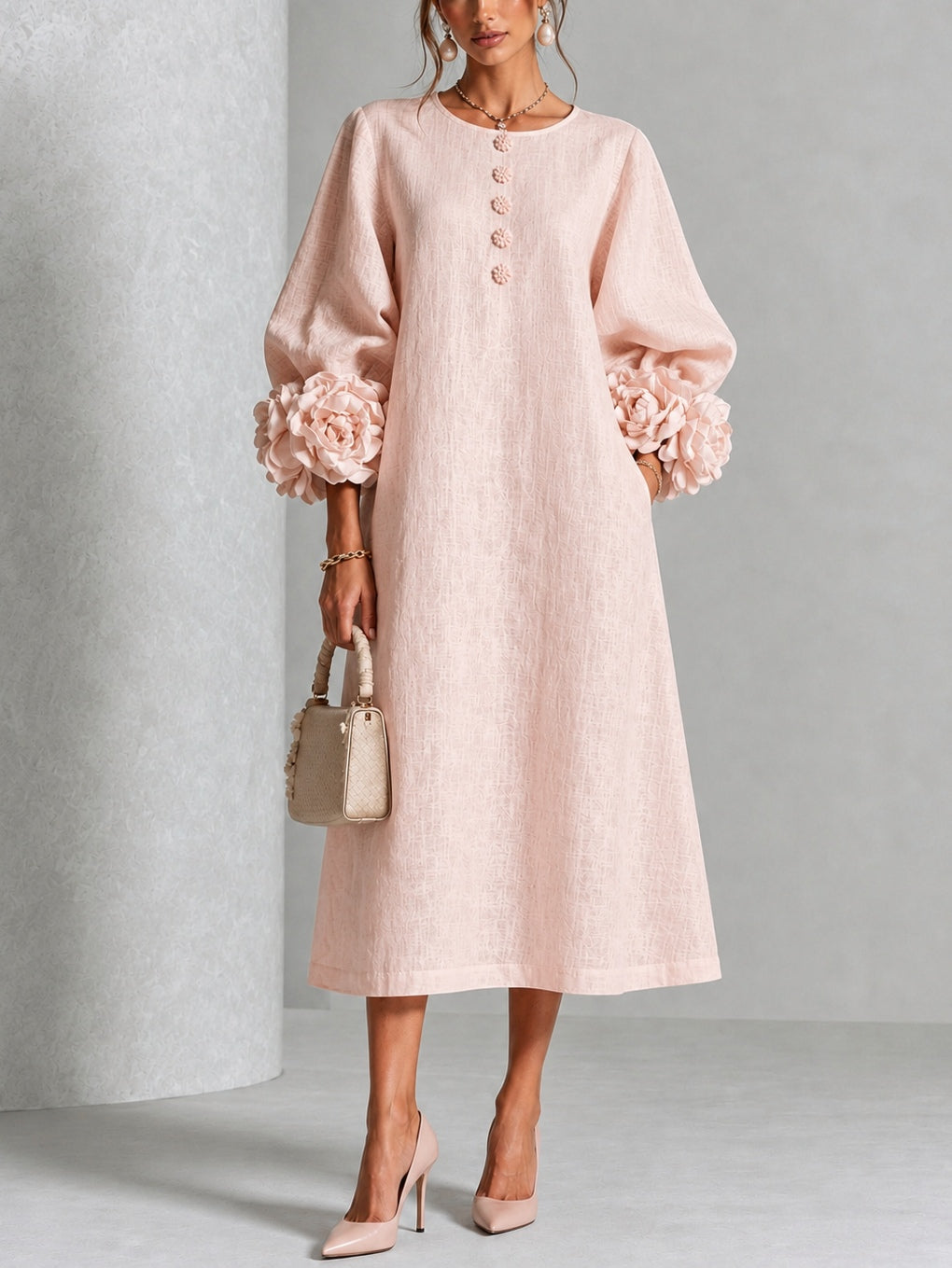 Eveline™ | Elegante Midi Jurk met Bloemdetails