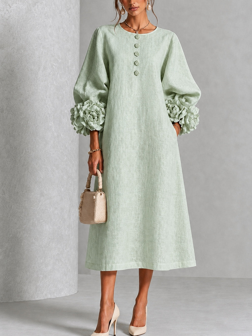 Eveline™ | Elegante Midi Jurk met Bloemdetails