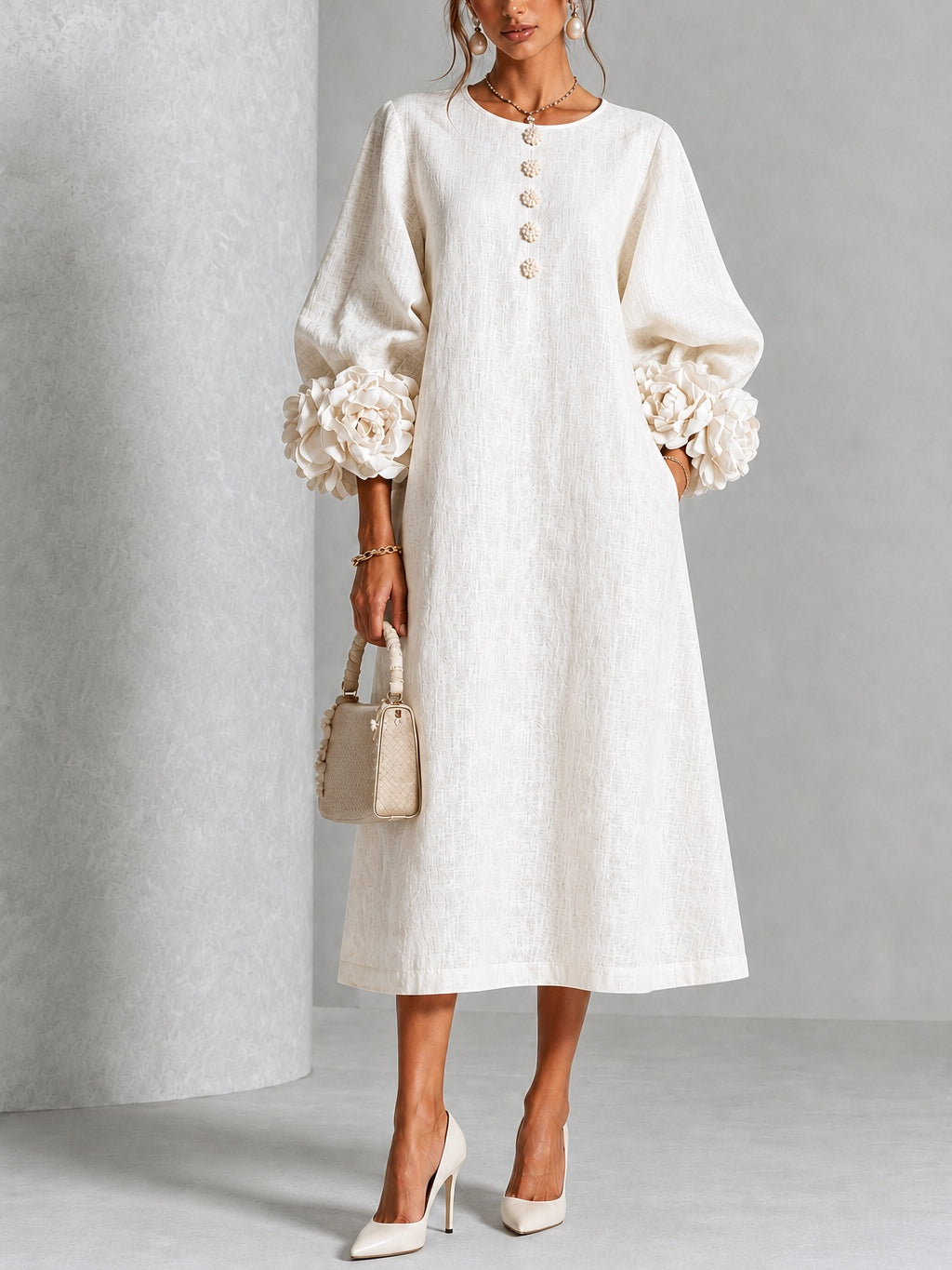 Eveline™ | Elegante Midi Jurk met Bloemdetails