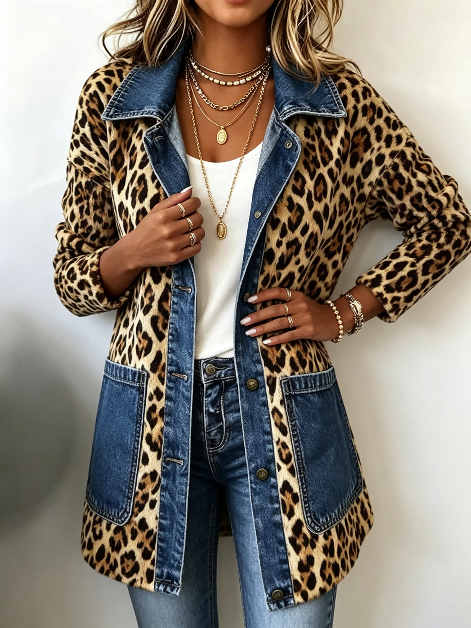 Madeleine | Luipaard Print Denim Paneel Contrast Longline Jas