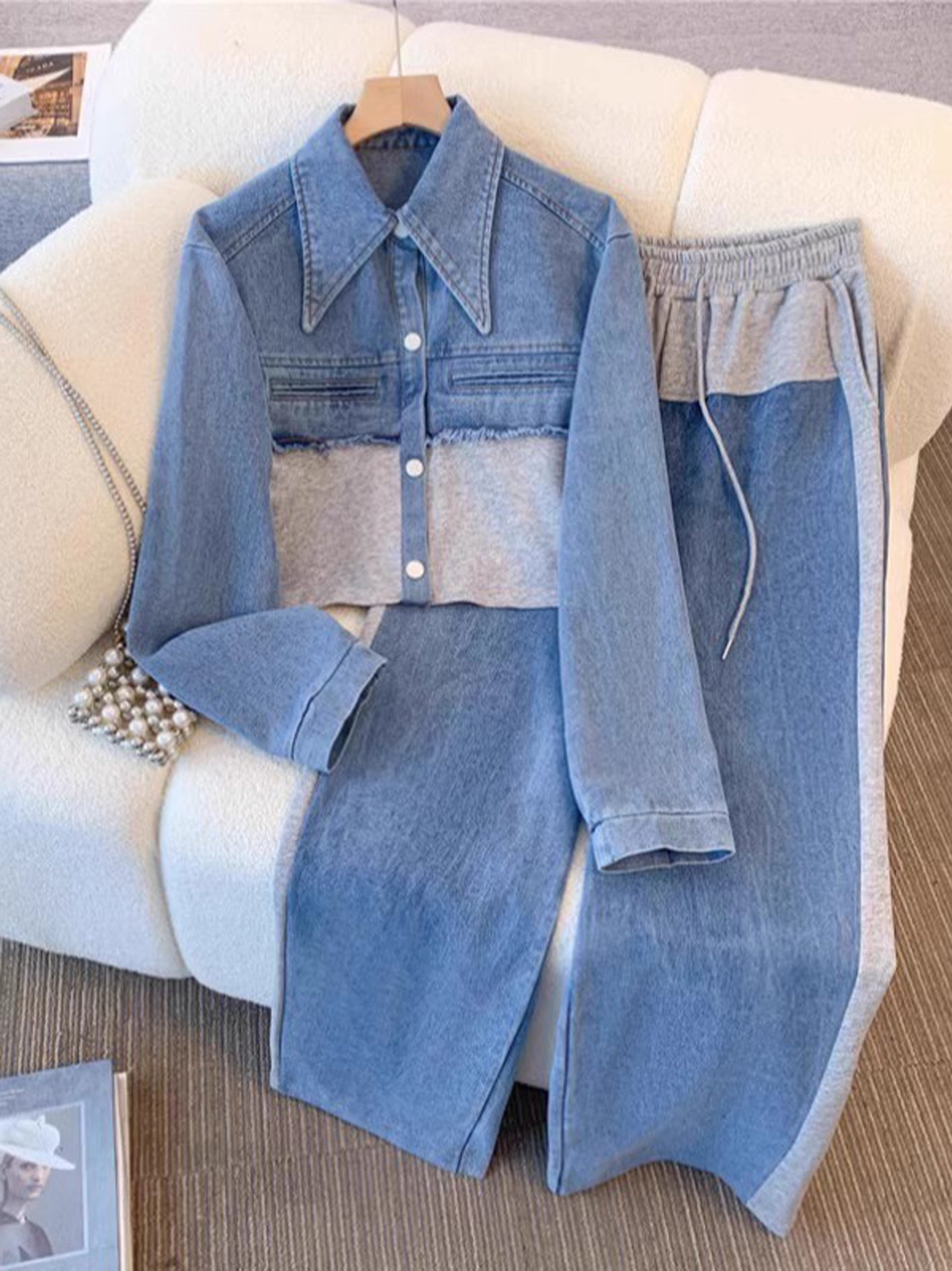 Danielle | Colourblock Cropped Jas & Wijde Pijp Broek Set