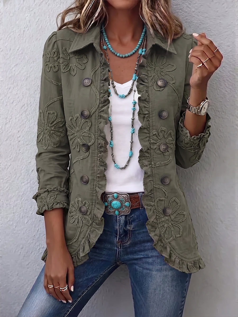 Lisette | Boho-Chic Bloemen Geborduurde Utility Ruches Jas