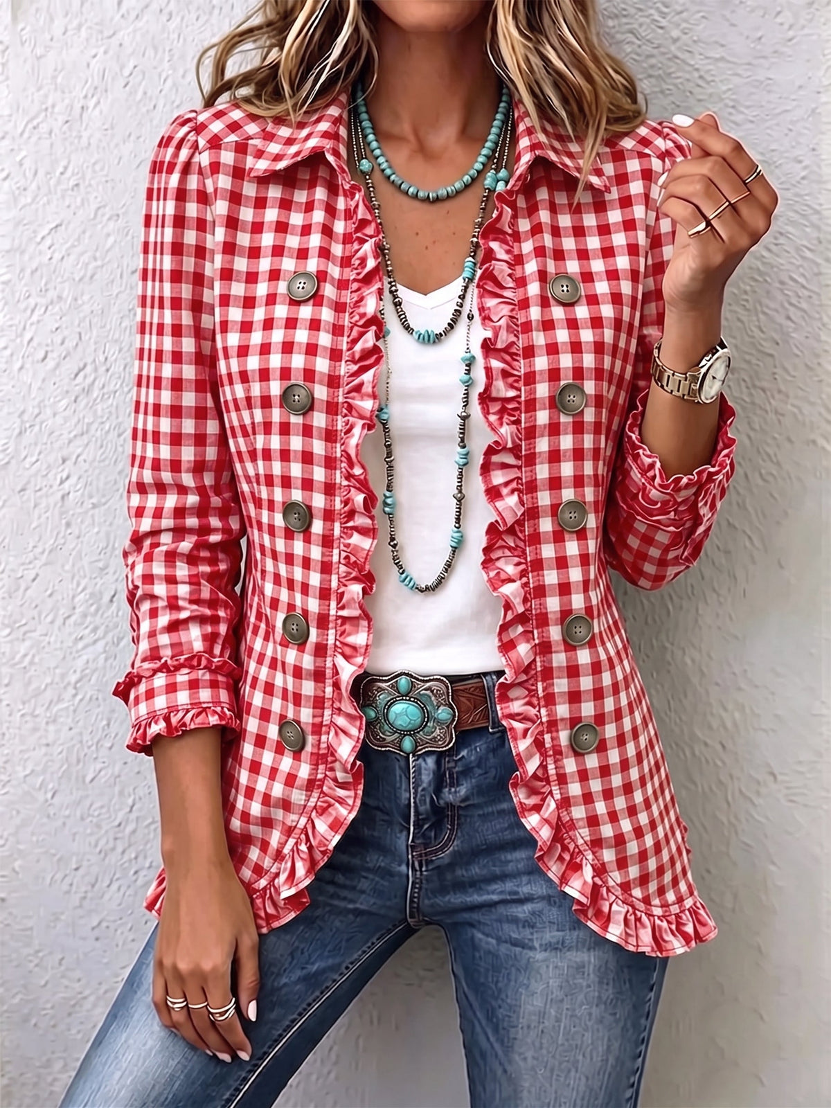 Claudia | Gingham Geplooide Knoop Jas