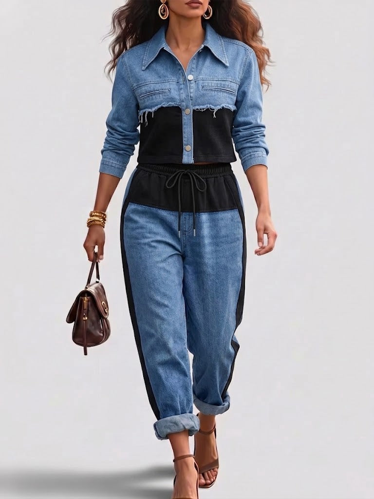 Danielle | Colourblock Cropped Jas & Wijde Pijp Broek Set