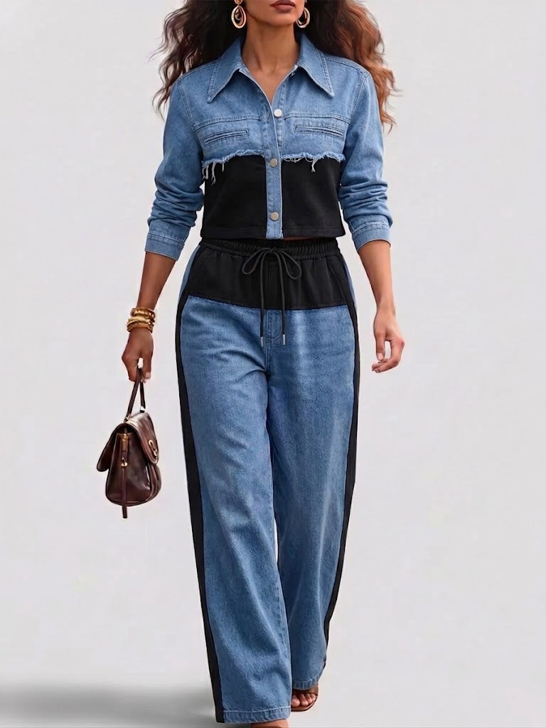 Danielle | Colourblock Cropped Jas & Wijde Pijp Broek Set
