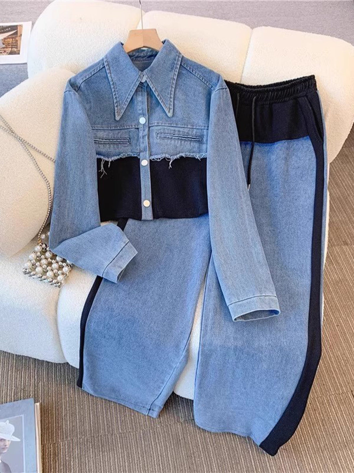 Danielle | Colourblock Cropped Jas & Wijde Pijp Broek Set